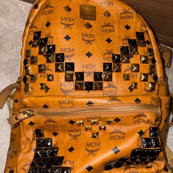 MCM Tan Backpack with Gold and Black Studs - Picture 2 of 11
